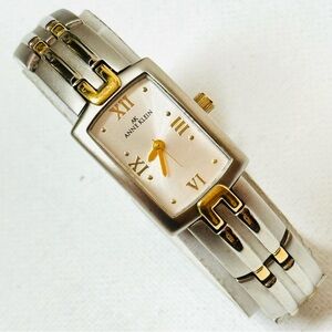 Vintage Anne Klein Women's Tank Watch Two Tone Silver Gold Bracelet 10/6287